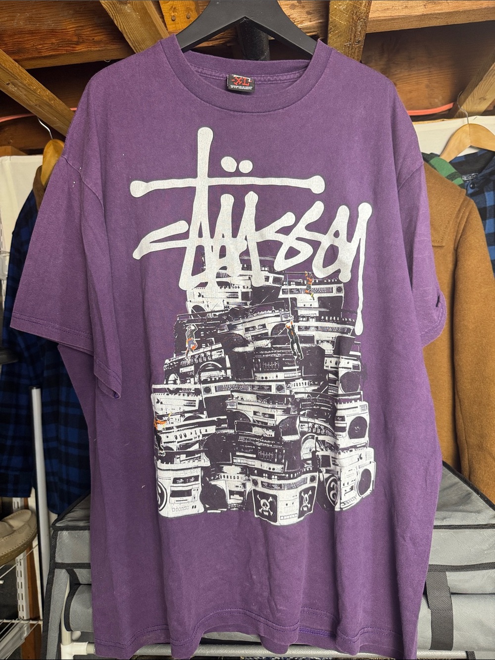 Stussy Purple Graphic Tee with White Boombox Print